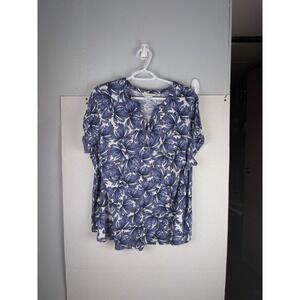 Rachel Zoe Plus Size 1X Blue Floral V Neck Short Sleeve Tunic Top Women